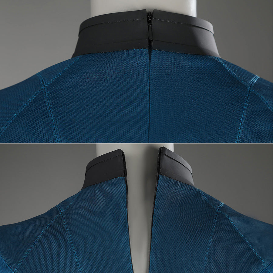 Sue Storm cosplay costume back collar and shoulder close-up showing zipper and textured fabric