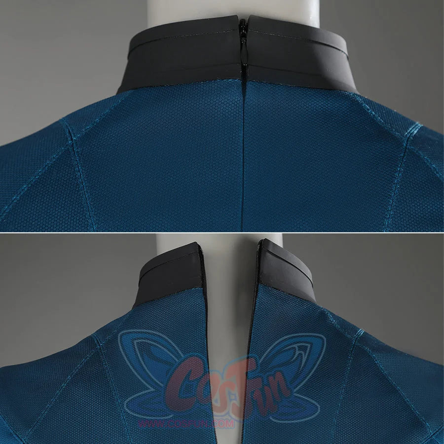 Sue Storm cosplay costume back collar and shoulder close-up showing zipper and textured fabric