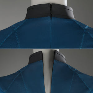 Sue Storm cosplay costume back collar and shoulder close-up showing zipper and textured fabric
