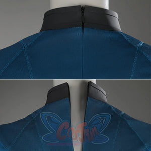 Sue Storm cosplay costume back collar and shoulder close-up showing zipper and textured fabric