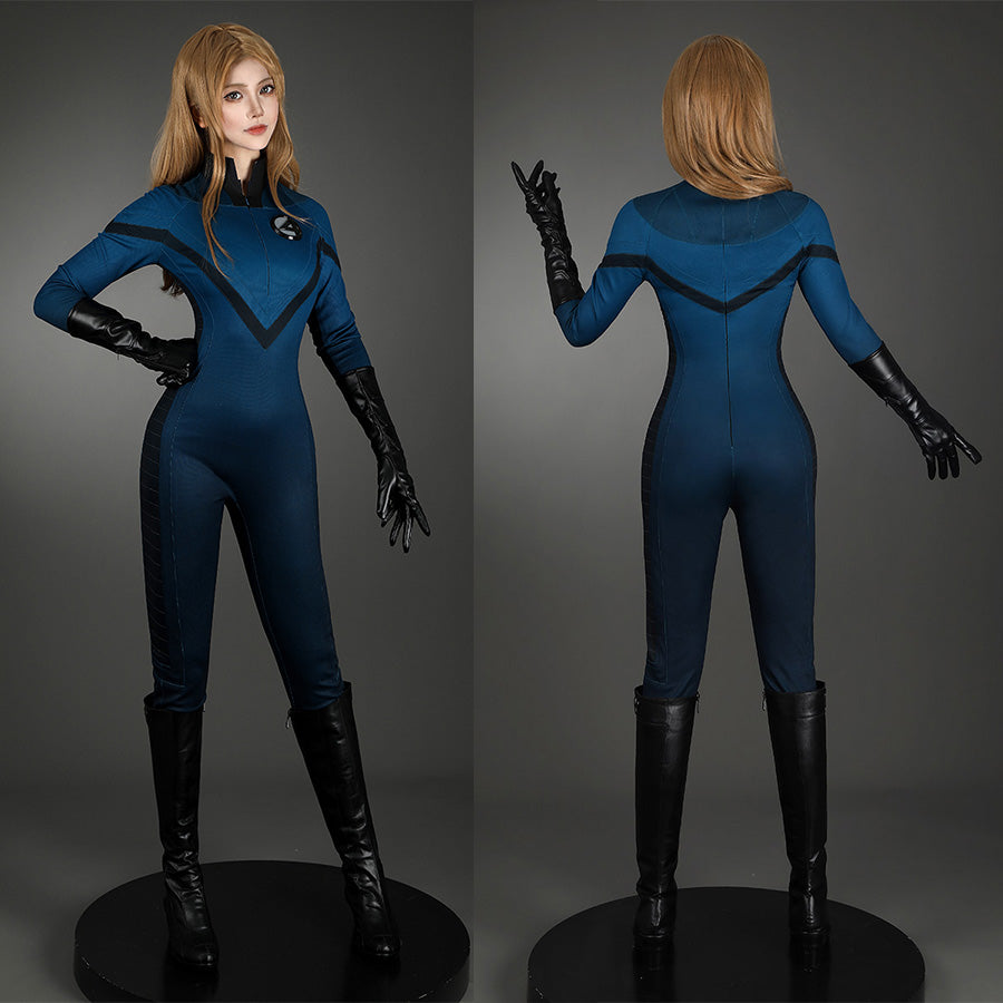 Sue Storm cosplay shoes showcased in full costume front and back view with black knee-high boots