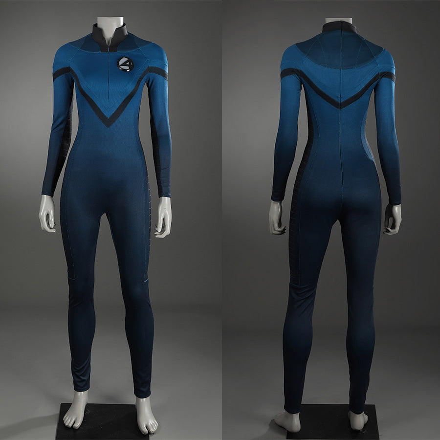 Sue Storm cosplay costume bodysuit front and back views featuring blue design without accessories