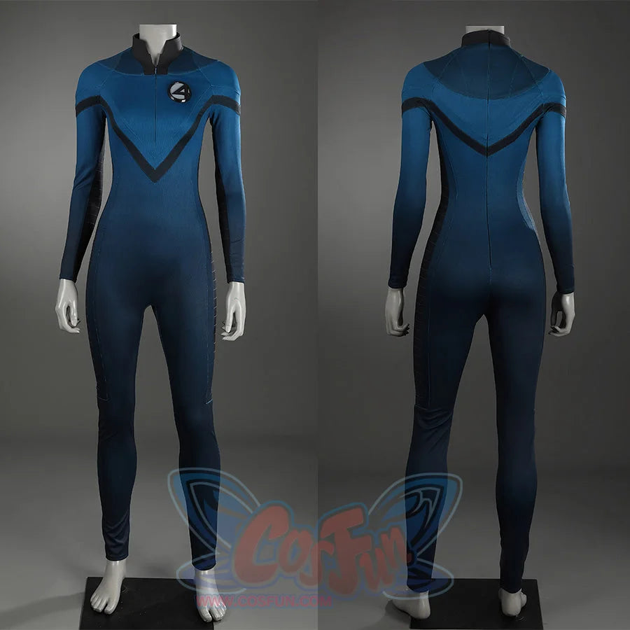 Sue Storm cosplay costume bodysuit front and back views featuring blue design without accessories