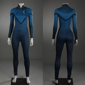 Sue Storm cosplay costume bodysuit front and back views featuring blue design without accessories