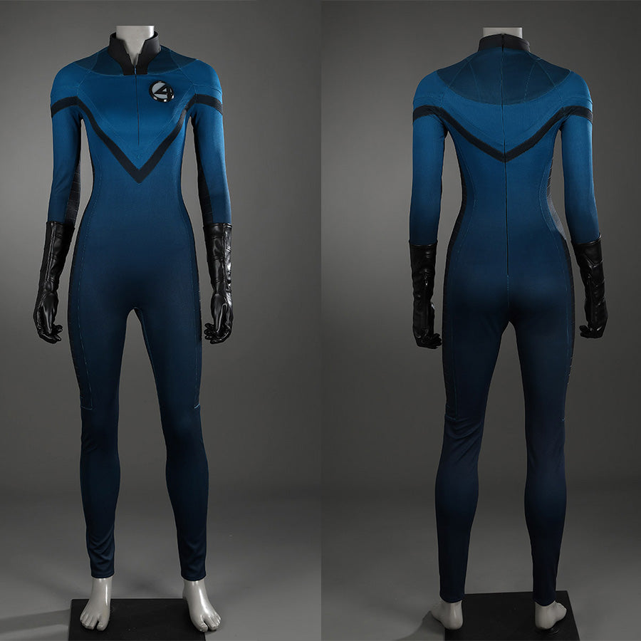 Sue Storm cosplay costume detailed views showing front with Fantastic Four logo and back design