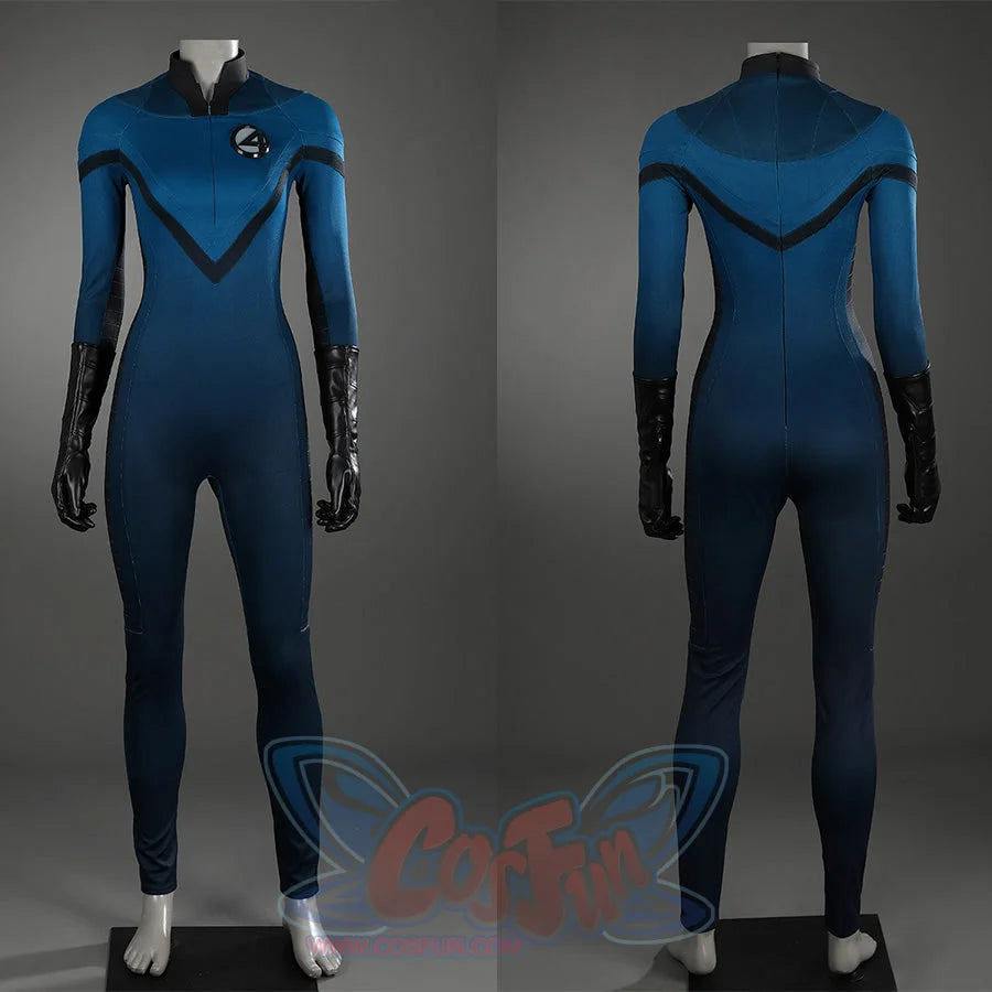Sue Storm cosplay costume detailed views showing front with Fantastic Four logo and back design
