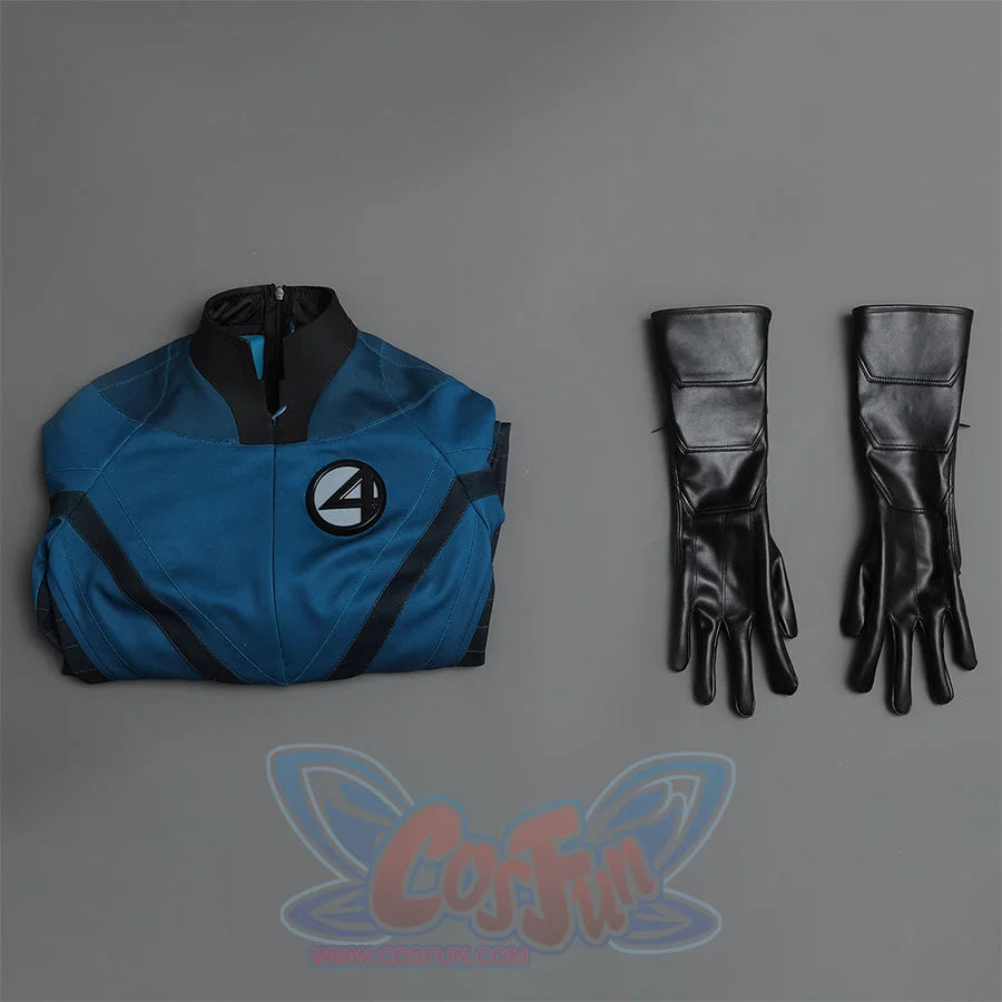 Sue Storm cosplay costume complete set layout featuring folded blue jumpsuit and black gloves