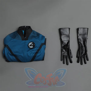 Sue Storm cosplay costume complete set layout featuring folded blue jumpsuit and black gloves