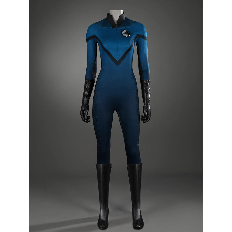 Sue Storm cosplay shoes displayed on full costume mannequin showing black knee-high boots styling