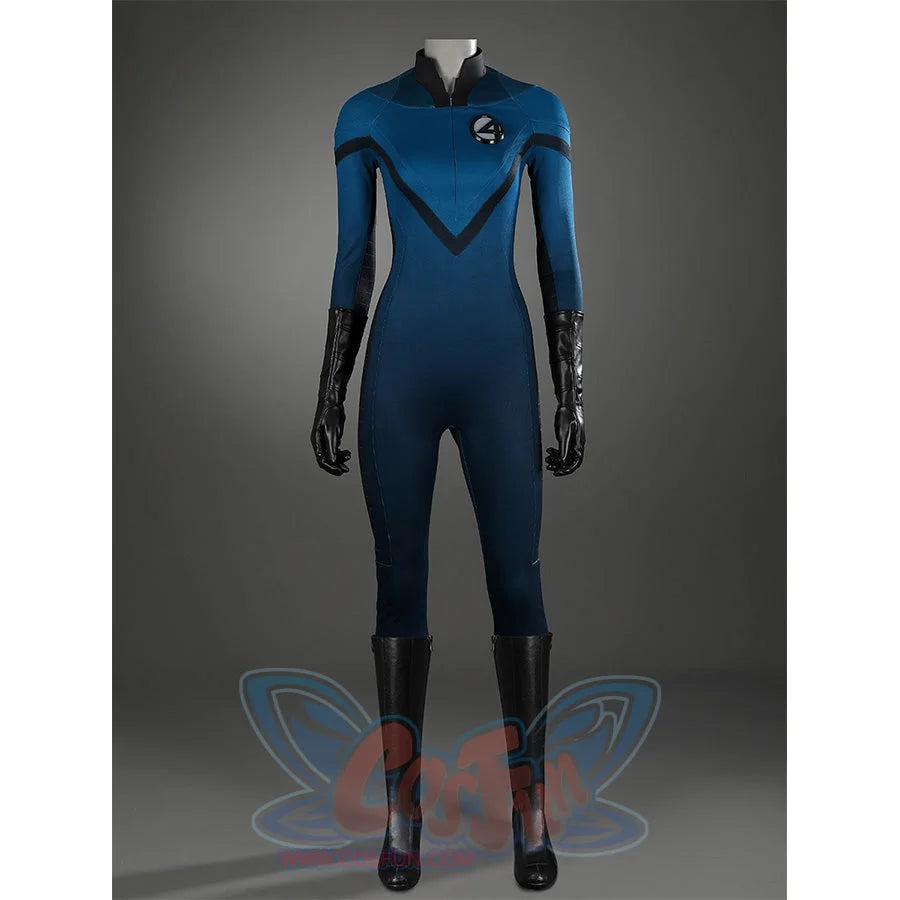 Sue Storm cosplay shoes displayed on full costume mannequin showing black knee-high boots styling