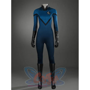 Sue Storm cosplay shoes displayed on full costume mannequin showing black knee-high boots styling