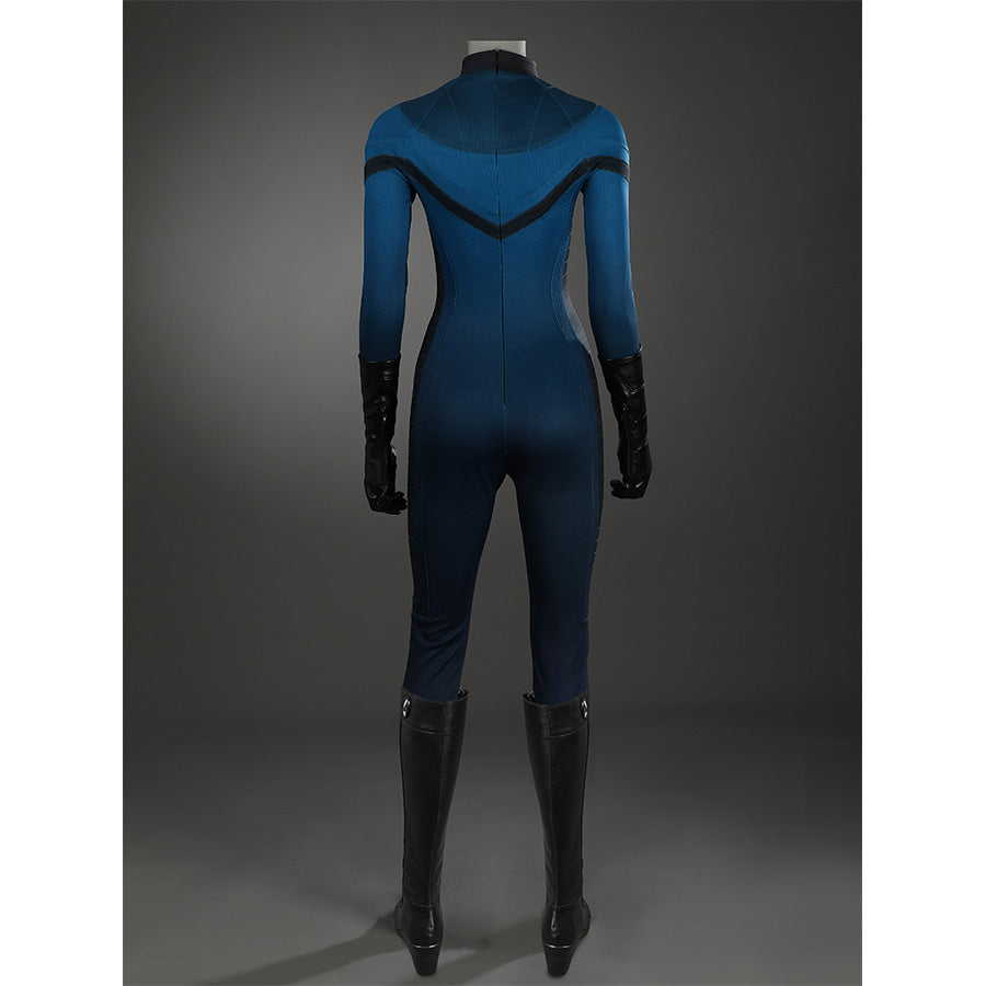 Sue Storm cosplay shoes back view on mannequin displaying black knee-high boots with costume styling