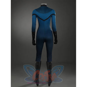 Sue Storm cosplay shoes back view on mannequin displaying black knee-high boots with costume styling