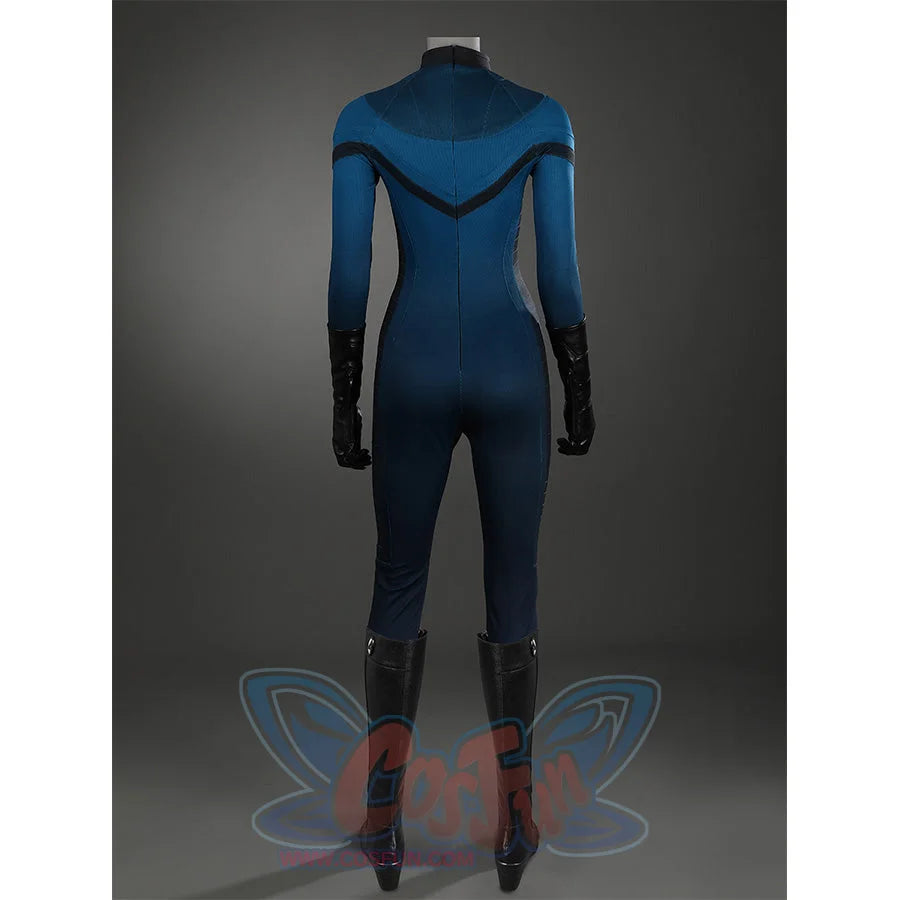 Sue Storm cosplay shoes back view on mannequin displaying black knee-high boots with costume styling