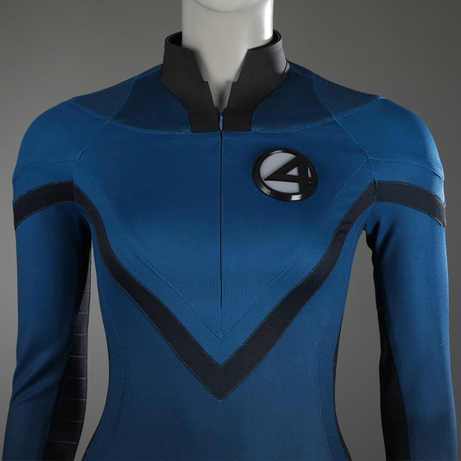 Close-up view of Sue Storm cosplay costume featuring iconic Fantastic Four logo and blue design