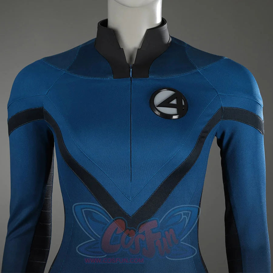 Close-up view of Sue Storm cosplay costume featuring iconic Fantastic Four logo and blue design