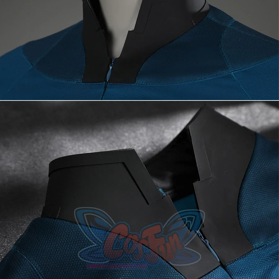 Sue Storm cosplay costume detail shots showing collar design and black boot construction close-ups