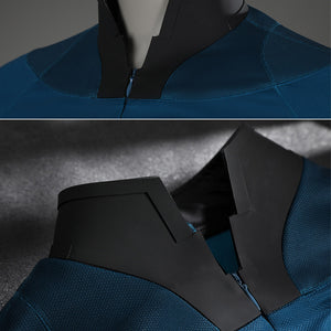Sue Storm cosplay costume detail shots showing collar design and black boot construction close-ups
