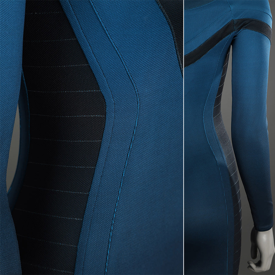 Sue Storm cosplay costume detailed fabric panels showing blue and black color blocking and texture