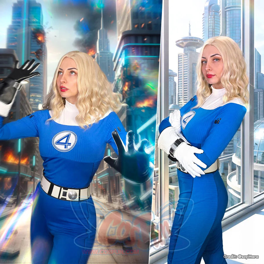 Invisible Woman cosplayer in an urban setting