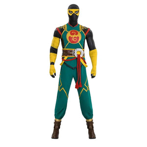 A mannequin is outfitted in an Iron Fist cosplay costume, featuring a yellow mask, yellow wrist wraps, a green top with a red emblem, and green pants with yellow designs, along with brown boots.