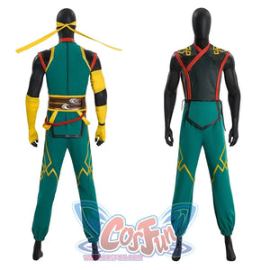 It shows the front and back views of an Iron Fist cosplay costume on mannequins, highlighting the design of the vest and pants from both sides.