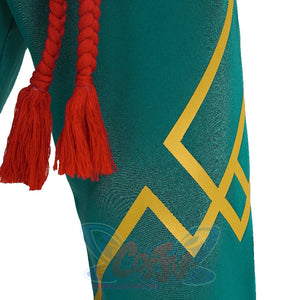 Shows the leg section of the Sword Master Iron Fist outfit, featuring yellow geometric patterns on green fabric and red, braided tassels from the belt.