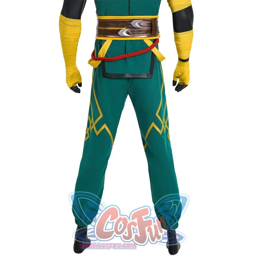It displays the back view of an Iron Fist cosplay costume, featuring green pants with yellow patterns, yellow wrist wraps, and a belt with a red cord.