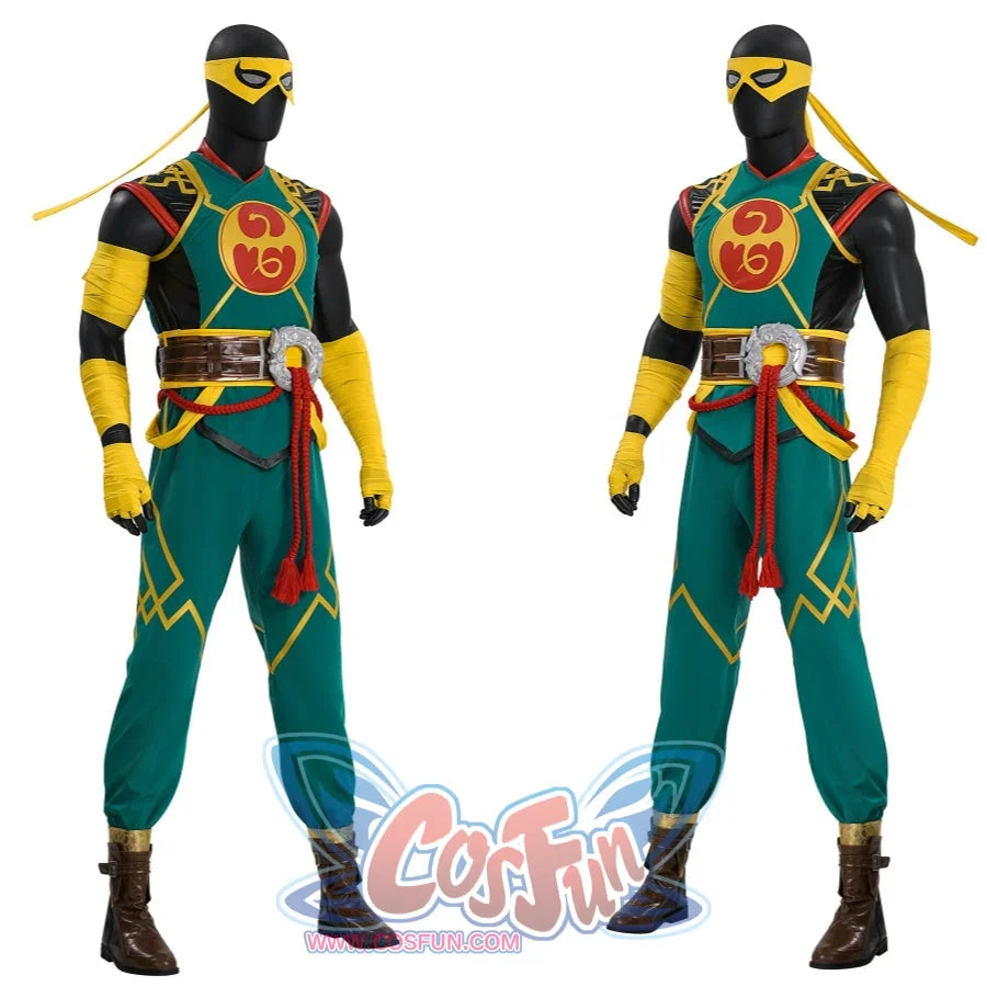 Two mannequins are dressed in complete Iron Fist cosplay costumes, showcasing the full outfit including masks, wrist wraps, belts, and green pants with yellow patterns.