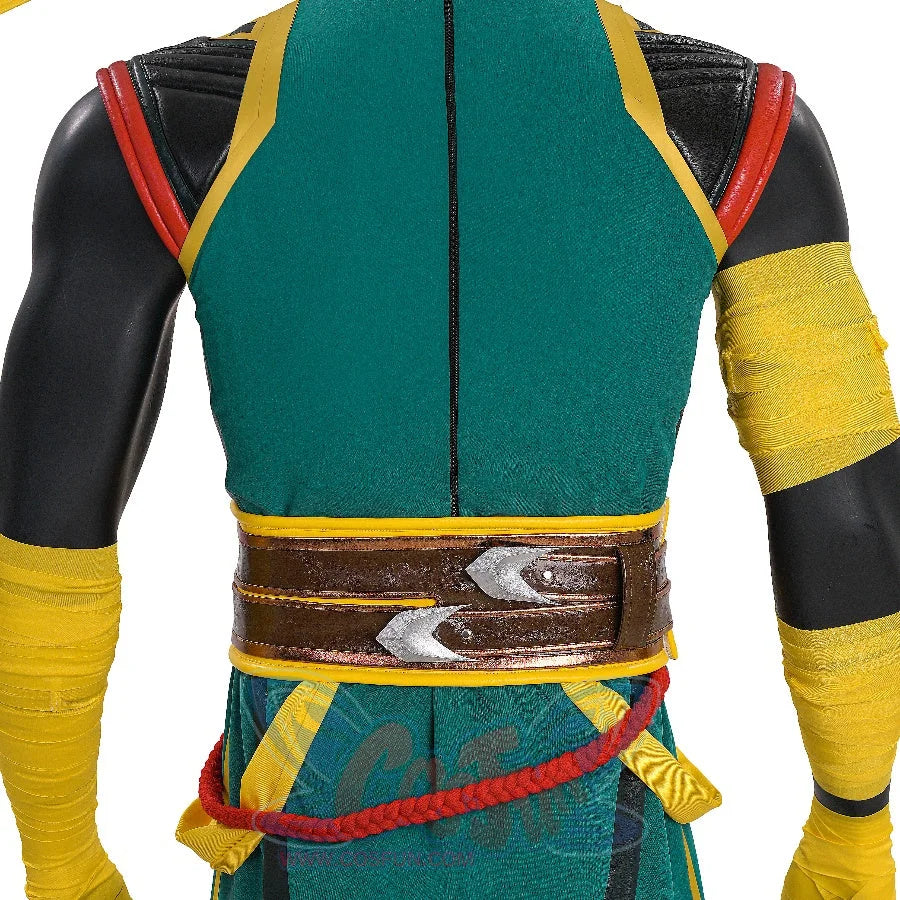 Presents the back of the Sword Master Iron Fist costume, displaying the green-toned back panel, yellow-edged straps, brown leather belt, and red decorative cords.