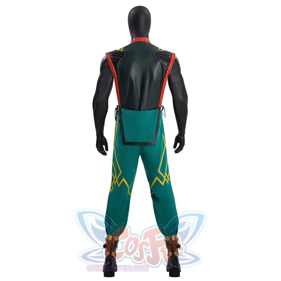 The image presents the back view of an Iron Fist cosplay costume on a mannequin, consisting of a black vest with red trim and green pants with yellow designs.