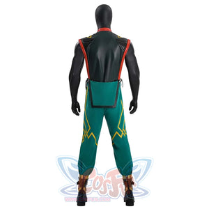 The image presents the back view of an Iron Fist cosplay costume on a mannequin, consisting of a black vest with red trim and green pants with yellow designs.