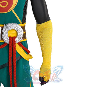 Highlights the yellow, wrapped wrist guard and the decorative belt with a silver, dragon-inspired buckle from the Sword Master Iron Fist cosplay costume.