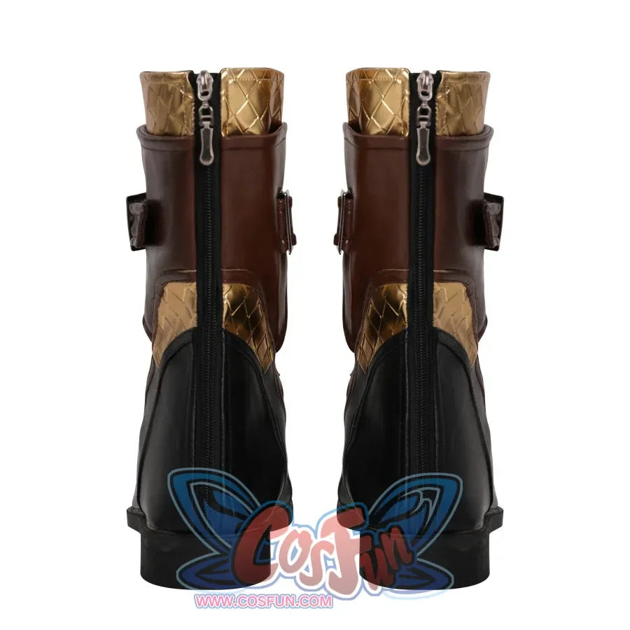 Cosplay boots featuring brown, black, and gold colors, with zippers on the back and decorative buckles, are presented from the rear.