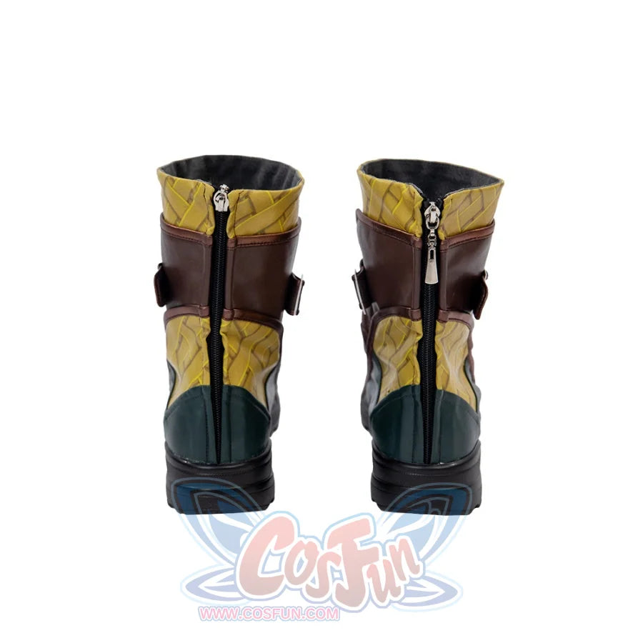 Presents the back view of the Sword Master Iron Fist cosplay shoes, emphasizing the zipper, yellow patterned upper, and green accents.