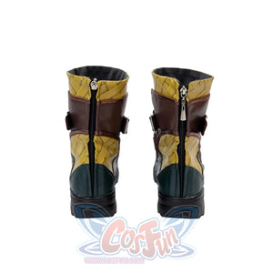 Presents the back view of the Sword Master Iron Fist cosplay shoes, emphasizing the zipper, yellow patterned upper, and green accents.