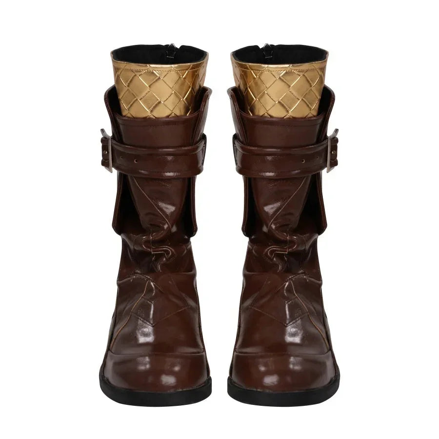 A pair of brown cosplay boots with gold-textured cuffs and strap - style decorations on the upper part are shown from the front.