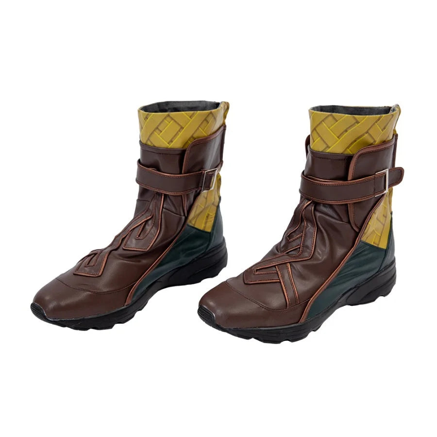 Displays a pair of Sword Master Iron Fist cosplay shoes, showcasing brown leather - like material with yellow and green accents and strap details.