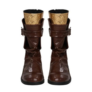 A pair of brown cosplay boots with gold-textured cuffs and strap - style decorations on the upper part are shown from the front.