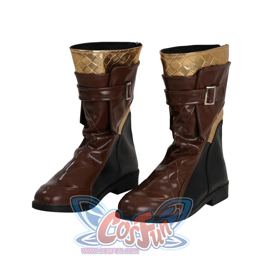 A pair of brown cosplay boots with gold-textured cuffs and strap - style decorations on the upper part are shown from the front.