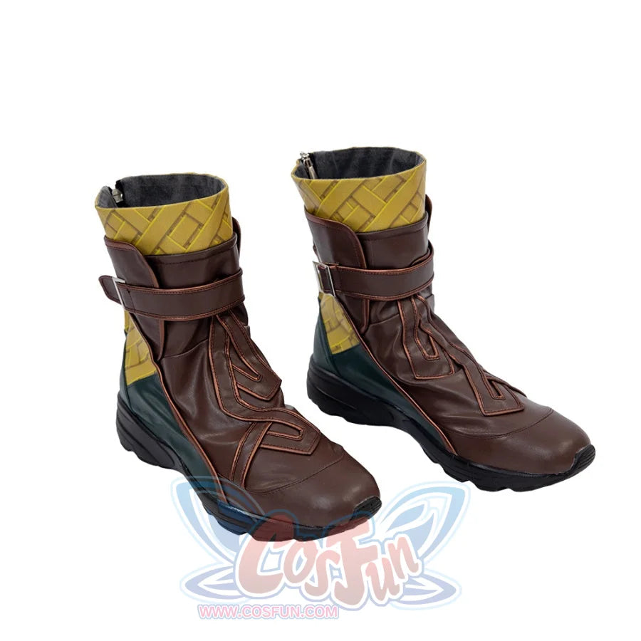 Shows an angled view of the Sword Master Iron Fist cosplay shoes, highlighting the side design, color blocking, and zipper feature.
