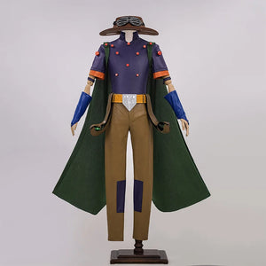 JOJO Bizarre Adventure Gyro Zeppeli Cosplay Costume, purple, brown and dark green outfit, front view.