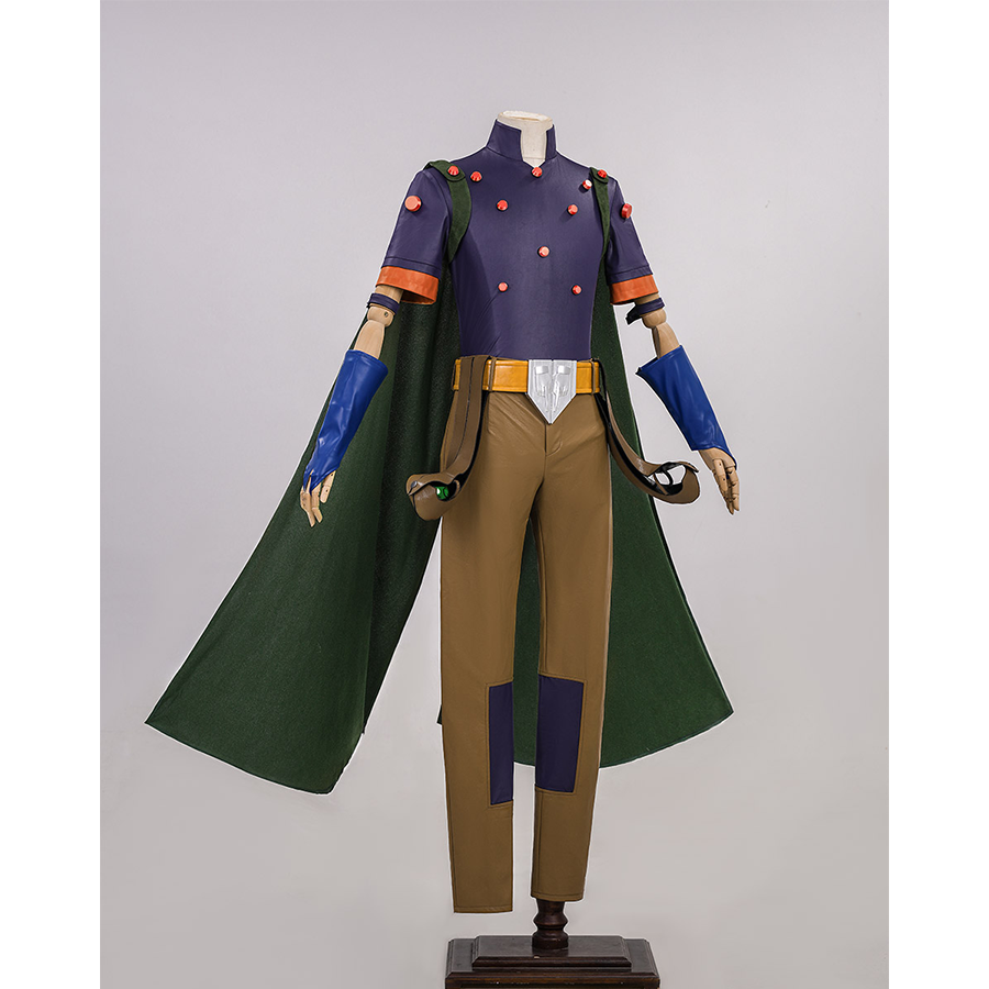 JOJO Bizarre Adventure Gyro Zeppeli Cosplay Costume, purple, brown and dark green outfit with orange decorations.