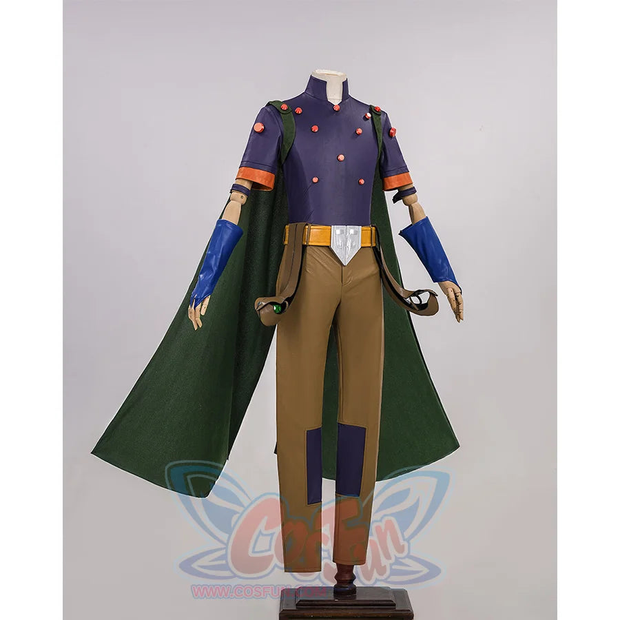 JOJO Bizarre Adventure Gyro Zeppeli Cosplay Costume, purple, brown and dark green outfit with orange decorations.