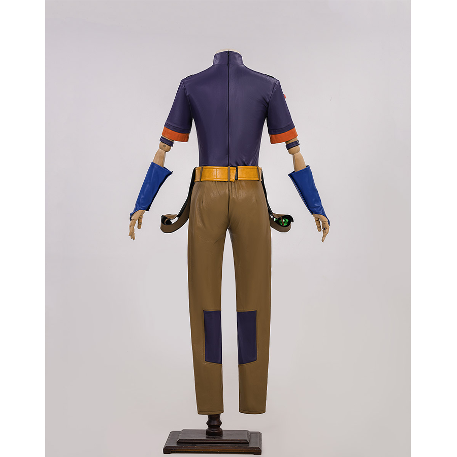 JOJO Bizarre Adventure Gyro Zeppeli Cosplay Costume, brown pants with a dark blue patch inside of the knee, back view.