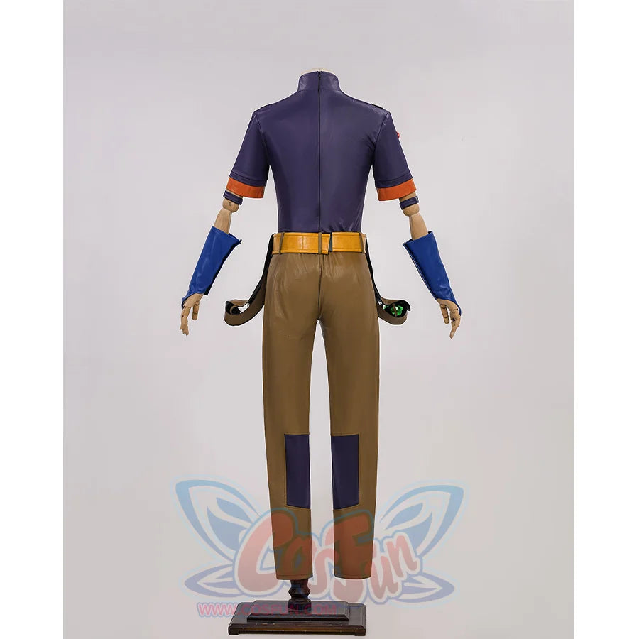 JOJO Bizarre Adventure Gyro Zeppeli Cosplay Costume, brown pants with a dark blue patch inside of the knee, back view.