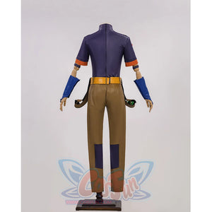 JOJO Bizarre Adventure Gyro Zeppeli Cosplay Costume, brown pants with a dark blue patch inside of the knee, back view.