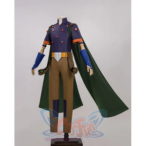 JOJO Bizarre Adventure Gyro Zeppeli Cosplay Costume, purple, brown and dark green outfit, right side view.