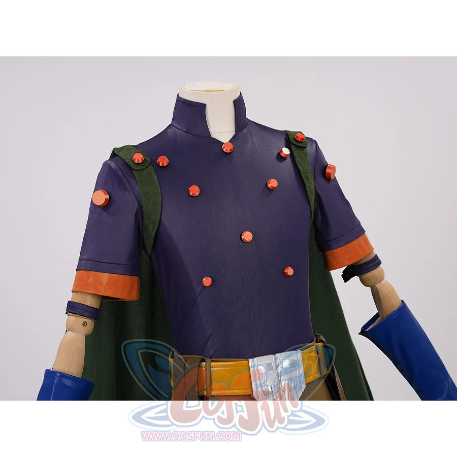 JOJO Bizarre Adventure Gyro Zeppeli Cosplay Costume, both the top and the cloak straps are decorated with orange buttons.