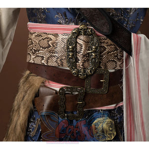 Jack Sparrow Cosplay Costume has snakeskin pattern belt and brown PU leather belt belt with multiple ornaments tied around the waist.